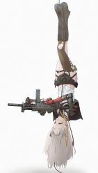  absurdres black_boots black_jacket black_skirt boots brown_eyes brown_thighhighs commentary female full_body girls'_frontline girls'_frontline_2:_exilium grey_background grey_hair gun h&amp;k_ump highres holding holding_gun holding_weapon jacket leva_(girls'_frontline_2) long_hair navel ned_(nedrez) one_side_up parted_lips pleated_skirt shirt simple_background single_thighhigh skirt solo submachine_gun thighhighs thighhighs_under_boots torn_clothes torn_thighhighs twitter_username ump45_(girls'_frontline) upside-down very_long_hair weapon white_shirt 