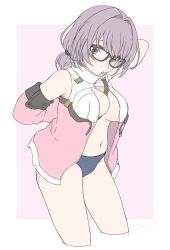  alice_gear_aegis black-framed_eyewear black_panties breasts commentary_request female glasses highres hiyoriri komazoi_eden open_clothes panties purple_hair underwear 