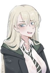  absurdres averting_eyes black_robe blonde_hair blue_eyes blush bra breasts cardigan commentary eyelashes female genderswap_(mtf) green_hood green_necktie hair_over_shoulder harry_potter_(series) highres hogwarts_school_uniform hood hood_down long_hair loose_necktie malfoid necktie oerba_yun_fang open_mouth probsdani ringed_eyes robe rule_63 school_uniform see-through_clothes see-through_shirt shirt simple_background slytherin solo underwear untranslatable_commentary upper_body wet wet_clothes wet_hair white_background white_shirt wizarding_world 