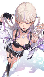  alternate_breast_size_(larger) belt black_collar black_gloves black_skirt black_sports_bra black_thighhighs blonde_hair breasts cleavage collar commentary_request female gloves gradient_hair half-skirt hands_up highleg highleg_panties highres hololive hololive_dev_is jacket kakage long_hair looking_at_viewer medium_breasts miniskirt multicolored_hair navel official_alternate_costume official_alternate_hairstyle one_eye_closed open_mouth paid_reward_available panties panty_straps partially_fingerless_gloves pendant_collar purple_eyes purple_hair purple_streaks shorts simple_background single_glove single_thighhigh skirt solo sports_bra star_pendant stomach streaked_hair thighhighs todoroki_hajime todoroki_hajime_(black_aurora) torn_clothes torn_shorts triangle_o-ring two_side_up underwear very_long_hair virtual_youtuber white_background white_belt white_jacket 