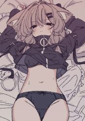 ahoge animal_ears apron arms_behind_head bed_sheet black_bra black_eyes black_jacket black_panties bra breasts brown_hair closed_mouth clothes_lift commentary_request female fox_ears hair_intakes half-closed_eyes jacket jacket_lift light_frown looking_at_viewer lying mafuyu_(vrchat) medium_breasts medium_hair navel on_back on_bed panties sidelocks solo stomach underwear unworn_apron vrchat wakanae_sp white_apron 