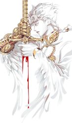  1boy blood braid colored_eyelashes colored_skin feathers from_side gauntlets giorno_giovanna gold_experience_requiem gold_gauntlets highres holding holding_blade holding_sword holding_weapon jojo_no_kimyou_na_bouken ladybug_ornament long_hair looking_ahead male_focus shirt simple_background single_gauntlet solo sword victory_rolls weapon white_background white_eyelashes white_eyes white_hair white_shirt white_skin zhhy3324 