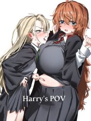  2girls absurdres belly black_robe black_skirt blonde_hair blue_eyes blush breasts collared_shirt commentary english_text flat_chest genderswap_(mtf) ggokoo green_necktie hair_between_eyes harry_potter_(series) highres hogwarts_school_uniform huge_breasts long_hair long_sleeves malfoid multiple_girls navel necktie open_mouth orange_hair pinching_another's_belly pleated_skirt plump red_necktie robe ron_weasley rule_63 school_uniform shirt simple_background skirt stomach very_long_hair white_background white_shirt wide_sleeves wizarding_world 