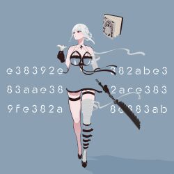  absurdres bandaged_leg bandages black_gloves black_shoes blending blue_dress book braid breasts closed_mouth dress female floating floating_book floating_object flower full_body gloves highres holding holding_weapon kaine_(nier) mikoshiba_megu nier nier_(series) shoes solo thigh_strap weapon white_flower 