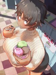  absurdres black_hair blush bon_(vtuber) breasts commentary cup dark-skinned_female dark_skin disposable_cup disposable_ice_cream_cup disposable_spoon ear_piercing earrings english_commentary female food from_above grey_eyes highres hirago holding huge_breasts ice_cream ice_cream_spoon indie_virtual_youtuber jewelry large_breasts looking_up multicolored_hair open_mouth pantyhose piercing pink_hair ribbed_sweater short_hair spoon streaked_hair sweater virtual_youtuber 