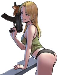  absurdres akmsu ass black_panties blonde_hair breasts commentary earrings english_commentary female from_side genderswap_(mtf) green_eyes green_tank_top grin gun harry_potter_(series) highres holding holding_gun holding_weapon hoop_earrings jewelry long_hair looking_at_viewer malfoid medium_breasts name_connection panties pun puto_trash rule_63 simple_background smile solo tank_top trigger_discipline underwear weapon white_background wizarding_world 