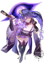  black_shrug blue_pupils braid braided_ponytail breasts bridal_gauntlets closed_mouth commentary female flower full_body genshin_impact hair_flower hair_ornament highres hiki_yuichi holding holding_sword holding_weapon human_scabbard japanese_clothes kimono large_breasts leaning_forward long_hair mitsudomoe_(shape) mole mole_under_eye musou_isshin_(genshin_impact) nail_polish obi obiage obijime purple_eyes purple_hair purple_kimono purple_nails purple_thighhighs raiden_shogun red_sash sandals sash short_kimono shrug_(clothing) simple_background single_braid solo standing sword thighhighs tomoe_(symbol) very_long_hair watermark weapon white_background wide_sleeves 