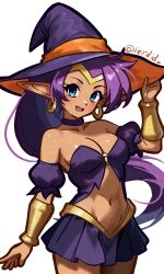  absurdres bare_shoulders blue_eyes blue_skirt blush breasts choker cleavage collarbone crop_top dark-skinned_female dark_skin earrings female halloween_costume hat highres hoop_earrings ierdid jewelry large_breasts long_hair looking_at_viewer navel o-ring open_mouth pointy_ears ponytail purple_hair purple_shirt shantae shantae_(series) shirt simple_background skirt smile solo teeth upper_teeth_only very_long_hair white_background witch_hat 