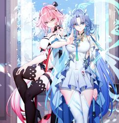  2girls ahoge bare_shoulders black_thighhighs blue_eyes blue_hair braid breasts changli_(wuthering_waves) chinese_commentary closed_mouth commentary_request dress earrings fiery_horns hair_between_eyes hair_extensions hair_intakes hair_ornament hair_stick hand_up highres holding holding_sword holding_weapon horns jewelry large_breasts long_hair looking_at_viewer looking_down multiple_girls nami_qi orange_eyes paid_reward_available parted_lips petals pink_hair qingxiao_(wuthering_waves) ring_hair_extensions sitting smile standing sword sword_fingers thigh_strap thighhighs twin_braids variant_set weapon white_dress white_thighhighs wuthering_waves 