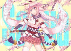  absurdres animal_ears branch breasts character_name cherry_blossoms commentary detached_sleeves female fox_ears fox_mask highres holding holding_sword holding_weapon honkai_(series) honkai_impact_3rd japanese_clothes katana kimono kuroka_tori large_breasts long_hair looking_at_viewer mask obi pink_skirt pleated_skirt reverse_grip sash sheath short_kimono skirt solo sword thighhighs weapon white_sleeves white_thighhighs yae_sakura yae_sakura_(gyakushinn_miko) 