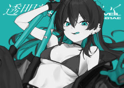  absurdres baggy_pants black_bra black_choker black_coat black_gloves black_hair black_pants bra breasts choker clippers coat colored_inner_hair commentary_request ear_ornament fataaa female gloves green_background green_eyes green_hair highres holding_pliers long_hair looking_at_viewer multicolored_gloves multicolored_hair open_clothes open_coat original pants pliers pose_request simple_background small_breasts solo tongue tongue_out two-tone_gloves underwear upper_body 