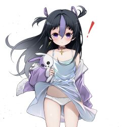  absurdres belt_collar blush breasts closed_mouth collar commentary_request earrings female goddess_of_victory:_nikke highres iridescent_clothes jacket jewelry legs long_hair looking_at_viewer mamenoki_sp multicolored_hair panties purple_jacket purple_ribbon purple_streaks ribbon simple_background small_breasts streaked_hair stuffed_animal stuffed_rabbit stuffed_toy surprised syuen_(nikke) syuen_(young)_(nikke) two-tone_hair underwear white_panties 