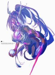  absurdres agwijjim0228 beliora_vike breasts commentary corruption cowboy_shot female from_above glowing glowing_eyes hair_between_eyes high_ponytail highres holding holding_sword holding_weapon horns large_breasts long_hair long_horns looking_at_viewer mask mouth_mask ponytail purple_eyes purple_hair simple_background solo sword translation_request untranslatable_commentary weapon white_background zenless_zone_zero 