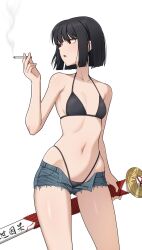  absurdres bikini black_bikini black_hair cigarette commentary_request cowboy_shot e.g.o_(project_moon) female flat_chest hand_up highres holding holding_cigarette holding_sword holding_weapon kinteocho korean_commentary limbus_company looking_to_the_side micro_shorts navel project_moon red_eyes renketsuen_(e.g.o) ryoshu_(project_moon) short_hair shorts simple_background smoke smoke_trail solo standing swimsuit sword weapon white_background 
