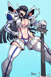  black_hair blue_background blue_eyes breasts cleavage highres holding holding_sword holding_weapon junketsu kill_la_kill kiryuuin_satsuki life_fiber living_clothes midriff navel open_mouth planted planted_sword revealing_clothes skindentation sword teeth thighhighs upper_teeth_only weapon white_thighhighs yukiyuki_(uki_bill4744) 