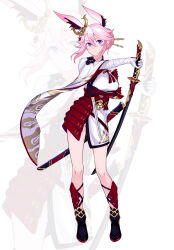  animal_ears arm_across_neck armor breasts closed_mouth commentary_request female fox_ears full_body hair_ornament highres holding holding_sheath holding_sword holding_weapon honkai_(series) honkai_impact_3rd japanese_armor japanese_clothes katana kimono large_breasts pink_hair purple_eyes sheath simple_background solo sword unsheathed weapon white_background white_kimono yae_sakura yae_sakura_(flame_sakitama) yincang7 zoom_layer 
