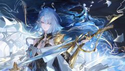  absurdres arknights blue_eyes blue_hair blunt_ends breasts chinese_commentary claw_ring cleavage clementia_(arknights) closed_mouth commentary_request dress earrings female hair_ornament hair_over_one_eye hairclip highres holding holding_sword holding_weapon horns jewelry looking_at_viewer multiple_views ocean pointy_ears short_hair shuang_geng standing sword upper_body water waves weapon white_dress 