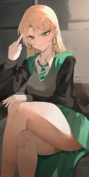  absurdres black_robe blonde_hair breasts commentary crossed_legs earrings female genderswap_(mtf) green_eyes green_necktie green_skirt grey_sweater_vest harry_potter_(series) highres hogwarts_school_uniform hoop_earrings jewelry large_breasts long_hair looking_at_viewer malfoid middle_finger necktie robe rule_63 school_uniform shirt sitting skirt solitary.apple solo sweater_vest thighs white_shirt wizarding_world 