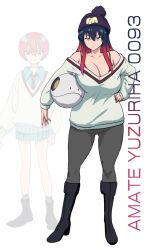  absurdres aged_up alternate_hair_length_(longer) alternate_hairstyle amate_yuzuriha beanie black_boots black_bra black_hair blue_eyes boots bra bra_strap breasts brown_shirt character_name cleavage collarbone commentary english_commentary english_text erkaz female full_body grey_pants gundam gundam_gquuuuuux hand_on_own_hip haro hat high_heels highres huge_breasts knee_boots long_hair long_sleeves multicolored_hair nail_polish off-shoulder_shirt off_shoulder pants purple_hat red_bra red_hair robot shirt simple_background solo two-tone_hair underwear white_background white_shirt wide_hips 