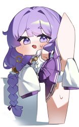  blush braid braided_twintails charlotte926897 chibi chibi_only commentary_request female furisode_sleeves hakama hakama_skirt highres japanese_clothes korean_commentary leg_up long_hair looking_at_viewer low_twin_braids oerba_yun_fang open_mouth panties purple_eyes purple_hair purple_hakama purple_skirt sexualized_chibi skirt sleeves_past_fingers sleeves_past_wrists smile solo split standing standing_on_one_leg standing_split sweat trickcal twin_braids underwear very_long_hair white_background white_panties yomi_(trickcal) 