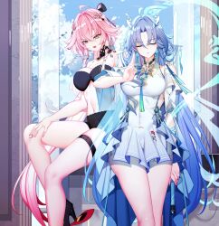  2girls ahoge bare_shoulders black_bra black_shorts blue_hair bra braid breasts changli_(wuthering_waves) chinese_commentary closed_eyes closed_mouth commentary_request dress earrings facing_viewer fiery_horns hair_between_eyes hair_extensions hair_intakes hair_ornament hair_stick hand_up highres holding holding_sword holding_weapon horns jewelry large_breasts long_hair looking_at_viewer looking_down missing_legwear multiple_girls nami_qi open_mouth orange_eyes paid_reward_available petals pink_hair qingxiao_(wuthering_waves) ring_hair_extensions short_shorts shorts sitting smile standing sword sword_fingers thigh_strap twin_braids underwear variant_set weapon white_dress wuthering_waves 