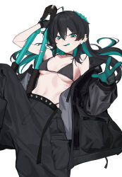  absurdres baggy_pants black_bra black_choker black_coat black_gloves black_hair black_pants bra breasts choker clippers coat colored_inner_hair commentary_request ear_ornament fataaa feet_out_of_frame female gloves green_eyes green_hair highres holding_pliers long_hair looking_at_viewer multicolored_gloves multicolored_hair open_clothes open_coat original pants pliers pose_request simple_background small_breasts solo tongue tongue_out two-tone_gloves underwear white_background 