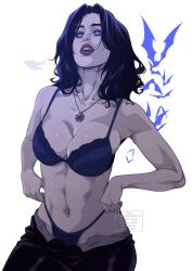  artist_name bat_(animal) black_hair black_pants blue_bra blue_eyes blue_panties bra breasts cam_the_art_guy cleavage collarbone commentary english_commentary fangs female glowing glowing_eyes highres jewelry large_breasts lipstick long_hair makeup midriff navel necklace panties pants panty_tug pulling_own_clothes selene_(underworld) simple_background solo standing stomach teeth underwear underworld_(movie) upper_teeth_only watermark white_background 