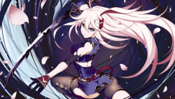  animal_ears breasts chinese_clothes chinese_commentary commentary_request dress female fox_ears hair_ornament highres holding holding_sword holding_weapon honkai_(series) honkai_impact_3rd ice_dragon_(artist) katana large_breasts long_hair looking_at_viewer pantyhose petals pink_hair purple_dress purple_eyes qipao solo sword torn_clothes torn_dress torn_pantyhose weapon yae_sakura 