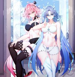  2girls ahoge bare_shoulders black_shorts black_thighhighs blue_eyes blue_hair bra braid breasts changli_(wuthering_waves) chinese_commentary closed_mouth commentary_request earrings fiery_horns hair_between_eyes hair_extensions hair_intakes hair_ornament hair_stick hand_up highres holding holding_sword holding_weapon horns jewelry large_breasts long_hair looking_at_viewer looking_down multiple_girls nami_qi navel orange_eyes paid_reward_available parted_lips petals pink_hair qingxiao_(wuthering_waves) ring_hair_extensions short_shorts shorts sitting smile standing stomach sword sword_fingers thigh_strap thighhighs twin_braids underwear variant_set weapon white_bra white_shorts white_thighhighs wuthering_waves 