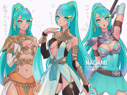  armor commentary_request esmeralda_sinza female fire_emblem fire_emblem:_fortune's_weave green_eyes green_hair hair_ornament hairclip highres holding holding_polearm holding_weapon midriff multiple_hairclips multiple_views nagami72 navel_piercing piercing polearm ponytail spear tan weapon 