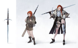  2girls absurdres armor backpack bag belt belt_buckle belt_pouch bird_ornament black_boots black_gloves black_leotard black_shoes boots braid breastplate breasts brown_bag brown_belt brown_coat brown_skirt buckle capelet cleavage closed_mouth coat commentary concept_art contrapposto cuisses cup dagger dongho_kang english_commentary eyelashes fantasy fingerless_gloves fingernails freckles full_body fur-trimmed_coat fur_trim gloves green_eyes grey_capelet grey_tunic groin hair_tie hand_on_own_hip hand_up hands_up highleg highleg_leotard highres holding holding_sword holding_weapon knee_boots knife knife_sheath large_breasts leotard lips long_hair long_sleeves long_sword looking_at_viewer multiple_girls nose open_clothes open_coat original over_shoulder parted_lips poleyn pouch red_hair shadow sheath sheathed shoes simple_background single_braid single_leg_armor skirt standing sword sword_on_back sword_over_shoulder thigh_pouch tunic weapon weapon_on_back weapon_over_shoulder white_background zweihander 