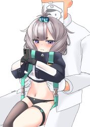  1boy absurdres artist_name azur_lane black_gloves black_panties black_thighhighs blush cellphone closed_mouth collett_(azur_lane) commander_(azur_lane) commentary doodle_commander_(azur_lane) english_commentary female gloves grey_hair hands_up highres holding holding_phone military_uniform naval_uniform navel panties phone praset03 purple_eyes simple_background single_thighhigh sitting sitting_on_lap sitting_on_person skindentation smartphone stomach sweatdrop thigh_strap thighhighs topknot twitter_username underwear white_background 