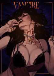  black_bra black_nails blood blood_on_face blood_on_neck blue_background border bra bracelet breasts brown_hair cam_the_art_guy chain_bracelet chains choker cleavage closed_eyes clothes_pull cross cross_choker cross_earrings dress dress_pull ear_piercing earrings english_text eyelashes fangs female gold_bracelet gold_ring hand_to_own_mouth highres jewelry large_breasts long_hair lying mole mole_under_eye nail_polish nose nostrils on_back original pearl_choker piercing pulling_another's_clothes purple_dress ring simple_background solo teeth underwear upper_body vampire 