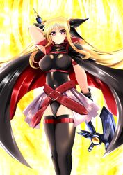  absurdres arm_strap bardiche_(device_form)_(nanoha) bardiche_(nanoha) belt black_cape black_leotard black_thighhighs blonde_hair breasts cape chest_belt closed_mouth commentary_request covered_navel crossed_belts fate_testarossa fate_testarossa_(original_form) feet_out_of_frame female floating_cape halberd highleg highleg_leotard highres holding holding_behind_back holding_polearm holding_weapon holding_weapon_behind_back large_breasts leather_belt leotard light_smile long_hair long_sidelocks looking_at_viewer lyrical_nanoha magical_girl mahou_shoujo_lyrical_nanoha mahou_shoujo_lyrical_nanoha_strikers multiple_belts mystical_high_collar parted_bangs pleated_skirt polearm purple_skirt red_belt red_cape red_eyes self-cosplay sidelocks simple_background skirt solo standing thigh_strap thighhigh_belt thighhighs two-sided_cape two-sided_fabric very_long_hair w00l_09 weapon wispy_bangs yellow_background 