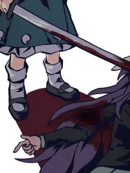  2girls animal_ears black_jacket black_shoes blazer blood blood_on_clothes censored frilled_skirt frills green_skirt grey_hair grey_skirt highres holding holding_sword holding_weapon jacket katana konpaku_youmu long_hair long_sleeves mary_janes mosaic_censoring multiple_girls pool_of_blood prmkq purple_hair rabbit_ears rabbit_girl reisen_udongein_inaba shirt shoes simple_background skirt socks sword touhou weapon white_background white_shirt white_socks 