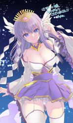  bare_shoulders blue_background blue_eyes breasts cardfight!!_vanguard cleavage closed_mouth collar collarbone commentary_request commission cosplay cowboy_shot detached_collar detached_sleeves female frilled_collar frilled_skirt frills garter_straps gradient_background hair_between_eyes hair_ornament hand_up high-waist_skirt highres large_breasts light_particles long_hair long_sleeves looking_at_viewer minerva_the_artifact_of_omniscience minerva_the_artifact_of_omniscience_(cosplay) panties pleated_skirt purple_hair purple_skirt puya second-party_source serious simple_background skeb_commission skirt solo sorakado_ai summer_pockets thighs underwear v-shaped_eyebrows white_panties wide_sleeves wing_hair_ornament zettai_ryouiki 