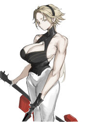  absurdres bare_arms black_gloves blonde_hair bodysuit breasts cleavage_cutout clothing_cutout commentary female forehead girls'_frontline girls'_frontline_2:_exilium gloves hairband high-waist_pants high_collar highres holding holding_sword holding_weapon igla_(girls'_frontline_2) iwvaaa large_breasts long_hair low_ponytail pants parted_bangs ponytail sleeveless sleeveless_bodysuit solo sword tight_clothes weapon white_background white_pants yellow_eyes 