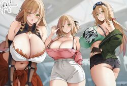 3girls :o alternate_breast_size_(larger) black_bra black_shorts blurry blurry_background blush bra breasts brown_hair cleavage clone commission cosplay curvy denim denim_shorts drill_hair english_commentary fn-49_(girls'_frontline) girls'_frontline girls'_frontline_2:_exilium goggles goggles_on_head green_eyes green_jacket hair_between_eyes highres huge_breasts indoors jacket keenh leaning_forward long_hair looking_at_viewer multiple_girls navel open_mouth parted_lips pink_shirt qiuhua_(girls'_frontline_2) red_skirt shirt short_shorts shorts sidelocks skirt smile spas-12_(girls'_frontline) spas-12_(girls'_frontline)_(cosplay) spas-12_(mod3)_(girls'_frontline) standing twin_drills twisted_torso type_56-1_(girls'_frontline) type_56-1_(girls'_frontline)_(cosplay) type_97_shotgun_(girls'_frontline) type_97_shotgun_(girls'_frontline)_(cosplay) underbutt underwear white_shirt white_skirt 