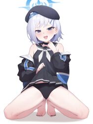  :d absurdres bare_legs bare_shoulders barefoot beret black_choker black_hat black_jacket black_nails black_panties black_sailor_collar black_shirt black_skirt blue_archive blue_eyes blue_halo blue_jacket blush choker clothes_lift commentary_request female full_body hair_ornament hairclip halo hand_up hat highres jacket kneeling korean_commentary lifting_own_clothes looking_at_viewer medium_hair multicolored_jacket multicolored_skirt nail_polish neckerchief off_shoulder open_clothes open_jacket open_mouth panties parallel_hairclips pharamacom sailor_collar shirt simple_background skirt skirt_lift sleeveless sleeveless_shirt small_sweatdrop smile solo spread_legs sumika_(blue_archive) toenail_polish toenails two-tone_skirt underwear white_background white_hair white_jacket white_neckerchief white_skirt 