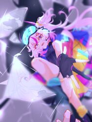  absurdres black_gloves black_one-piece_swimsuit breasts commentary english_commentary female glass_shards gloves goggles goggles_on_head headphones highres honkai_(series) honkai_gakuen houkai_96k long_hair looking_at_viewer one-piece_swimsuit open_mouth partially_fingerless_gloves pink_background pink_hair small_breasts solo swimsuit tiara_starlumos very_long_hair 