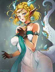  2024 aqua_eyes aqua_nails armlet artist_name bare_shoulders bead_armlet bead_bracelet beads blonde_hair bracelet braid breasts circlet commentary cowboy_shot crown_braid dated dragon_ears dragon_horns dragon_tail dress earrings female fingernails hand_on_own_chest highres horns jewelry large_breasts light_dragon_(zelda) looking_at_viewer magatama magatama_necklace mina_cream necklace parted_bangs parted_lips princess_zelda sharp_fingernails short_hair sidelocks solo spoilers standing strapless strapless_dress tail tears the_legend_of_zelda the_legend_of_zelda:_tears_of_the_kingdom white_dress 