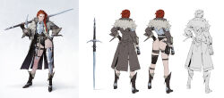 absurdres armor ass belt belt_buckle belt_pouch bird_ornament black_gloves black_leotard black_shoes braid breastplate brown_belt brown_coat buckle closed_mouth coat commentary concept_art contrapposto cuisses dagger dongho_kang english_commentary eyelashes fantasy female fingerless_gloves fingernails freckles from_behind full_body fur-trimmed_coat fur_trim gloves green_eyes groin hair_tie hand_on_own_hip hand_up highleg highleg_leotard highres holding holding_sword holding_weapon knife knife_sheath leotard lips long_hair long_sleeves looking_at_viewer multiple_views nose open_clothes open_coat original over_shoulder poleyn pouch red_hair reference_sheet shadow sheath sheathed shoes simple_background single_braid single_leg_armor standing sword sword_over_shoulder thigh_pouch turnaround weapon weapon_over_shoulder white_background zweihander 