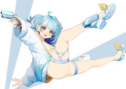  :d absurdres ahoge ass bikini blue_hair breasts cleavage commentary derringer earrings female finger_on_trigger full_body gun handgun highres holding holding_gun holding_weapon jacket jewelry leg_lift looking_at_viewer medium_breasts nekosame00 open_clothes open_jacket orange_nails red_eyes sandals shell shell_earrings shiranami_ramune shiratama_(shiranami_ramune) side_ponytail smile solo striped_bikini striped_clothes swimsuit thigh_strap thighs virtual_youtuber vspo! weapon 