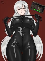  absurdres bodysuit commentary dragunov_svd english_commentary female girls'_frontline gun highres latex latex_bodysuit lisk long_hair open_mouth red_background rifle skin_tight smile sniper_rifle solo svd_(girls'_frontline) upper_body weapon whip white_hair yellow_eyes 