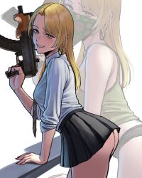  akmsu ass bandana bandana_over_mouth black_panties black_skirt blonde_hair commentary earrings english_commentary female from_side genderswap_(mtf) green_eyes green_tank_top grin gun harry_potter_(series) highres holding holding_gun holding_weapon hoop_earrings jewelry long_hair looking_at_viewer malfoid name_connection necktie panties pun puto_trash rule_63 shirt simple_background skirt smile tank_top trigger_discipline underwear weapon white_shirt wizarding_world 