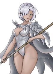  armor bare_arms bare_shoulders breasts cape cleavage covered_navel female female_eshmel_(fire_emblem) fire_emblem fire_emblem:_fortune's_weave hair_over_one_eye hairband highres hime_cut holding holding_polearm holding_weapon leotard mourderousx polearm shoulder_armor simple_background solo spear tan thick_thighs thighs weapon white_background white_cape white_hair white_leotard yellow_eyes 