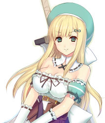  black_ribbon blonde_hair blush breasts cleavage closed_mouth commentary_request female green_eyes green_hair_ornament green_hat hair_ornament hairclip hat highres koyama_tomosato large_breasts long_hair looking_at_viewer ribbon senran_kagura simple_background smile solo sword very_long_hair weapon white_background yomi_(senran_kagura) 