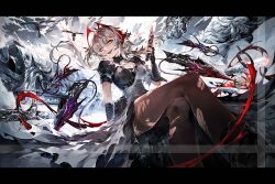  2girls absurdres antenna_hair arknights black_gloves black_pantyhose breasts chibi chinese_commentary cleavage commentary_request commission crossed_legs demon_girl demon_horns demon_tail feet_out_of_frame fingerless_gloves gloves grey_hair gun hair_between_eyes highres horns letterboxed looking_at_viewer medium_hair mini_person minigirl multiple_girls official_alternate_costume open_mouth orange_eyes pantyhose qingjiao_bu_hua_hua red_horns red_nails sitting slit_pupils smile solo_focus tail thighband_pantyhose torn_clothes torn_pantyhose w_(arknights) weapon wis'adel_(arknights) wis'adel_(supernova)_(arknights) 