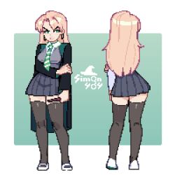  artist_name black_thighhighs blonde_hair clenched_teeth commentary diagonal-striped_clothes diagonal-striped_necktie earrings english_commentary female front_and_back full_body genderswap_(mtf) green_background green_eyes harry_potter_(series) highres holding holding_wand hoop_earrings jewelry long_hair long_sleeves looking_at_viewer malfoid multiple_views necktie pleated_skirt rule_63 school_uniform shoes sim0n404 simple_background skirt standing striped_clothes striped_necktie teeth thighhighs v-shaped_eyebrows wand white_shoes wizarding_world 
