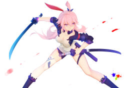  animal_ears black_jacket black_shorts blue_gloves breasts closed_mouth commentary_request dual_wielding female fox_ears gloves headphones headphones_around_neck highres holding holding_sword holding_weapon honkai_(series) honkai_impact_3rd jacket katana kugutsu_(961598140) large_breasts long_hair panties pink_background pink_hair shorts simple_background single_glove single_thighhigh solo sword thighhighs underwear weapon white_background white_hair white_panties yae_sakura yae_sakura_(goushinnso_memento) 